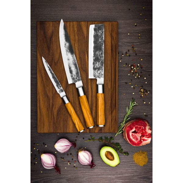Olive Forged 3-delige messenset koksmes, hakbijl, universeel mes